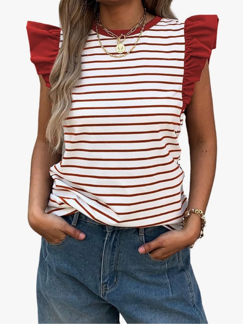 (17) NWT Striped Ruffle Sleeve Tank Top in Red & Cream